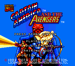 Captain America and the Avengers title screen for Sega Mega Drive